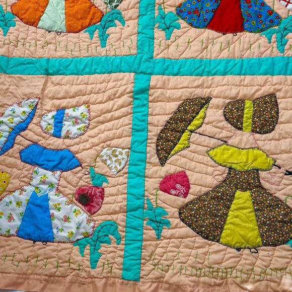 Rare Vintage 40’s Parasol Ladies Sun Bonnet Hand Stitched Quilt Twin 97x53 - Picture 4 of 8